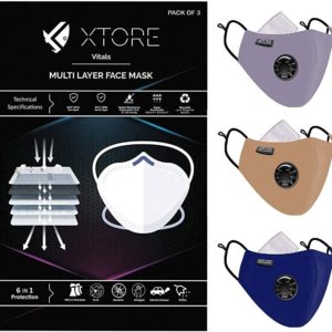 Xtore Viroarmour N-95 FDA CE Certified Face mask | Reusable | Washable | Pack of 3 Masks 3Filters (Smokey Gray, Khaki Brown, Prussian Blue)
