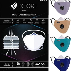 Xtore Viroarmour N-95 FDA CE Certified Face mask | Reusable | Washable | Pack of 4Masks,4 Filters (Smokey Gray, Khaki Brown, Sea Green, Prussian Blue)