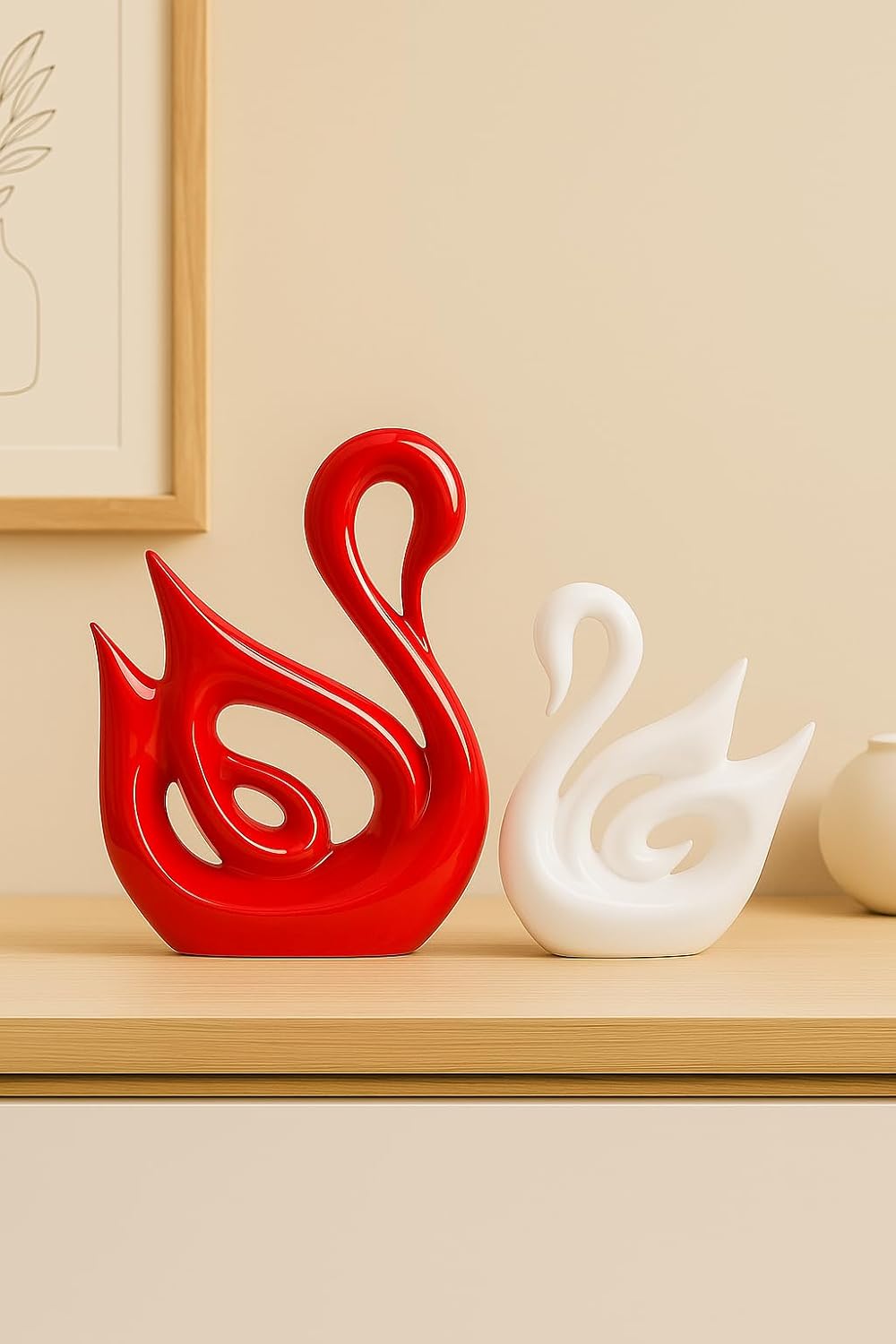 Xtore® Home Décor Lucky Swan Couple | Piano Finish Ceramic Figures (Set of 2 Pc, Large) - Image 2