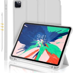 Xtore New iPad Pro 11 Case 2020 with Pencil Holder | Trifold Stand Smart Case with Soft Silicon Back | Auto Wake/Sleep | Laser Cut Slots (Light Grey)