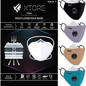 Xtore Viroarmour N-95 FDA CE Certified Face mask | Reusable | Washable | Pack of 4Masks,4Filters (Black, Smokey Gray, Khaki Brown, Sea Green)