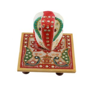 Xtore® Traditional Meenakari Handmade Marble Ganesha with Chowki for Worship / Home Decor | Brings Luck and Prosperity (1 x Ganesha, 1 x Chowki )