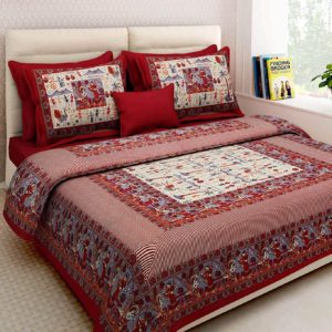 LIFEHAXTORE Cotton Traditional Jaipuri Print King Size Double Bed Sheet with 2 Pillow Covers (Multicolour)