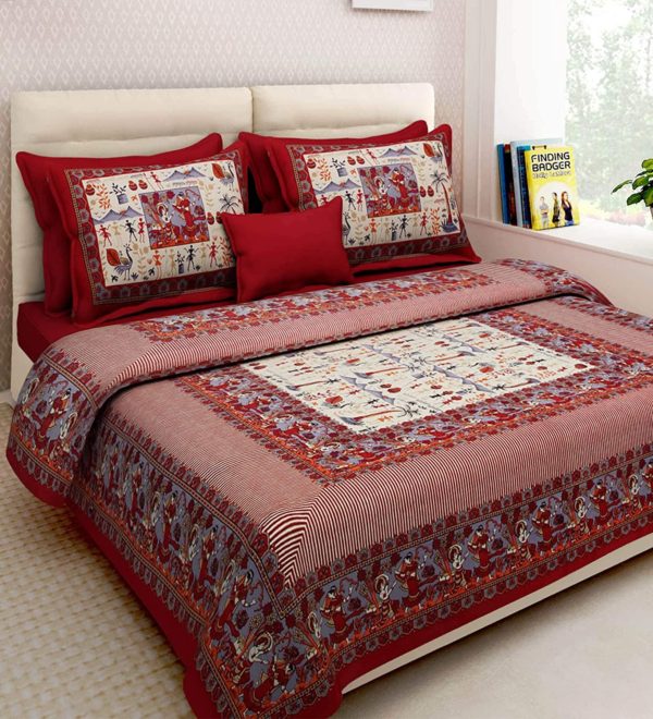 LIFEHAXTORE Cotton Traditional Jaipuri Print King Size Double Bed Sheet with 2 Pillow Covers (Multicolour)