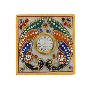 XTORE Beautiful Golden Meenakari Work Marble Table Clock Watch (White) | Home Decor | Anniversary | Corporate Gift | Traditional | Marble Handicraft