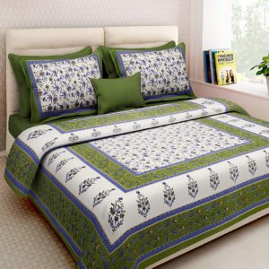 Traditional Jaipuri Print King Size Bed Sheet with 2 Pillow Covers -100% Cotton (90x 108 inches, Green)
