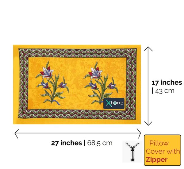 Cotton Traditional Jaipuri Print King Bed Sheet with 2 Pillow Covers (90x 108 inches, Yellow) - Image 3