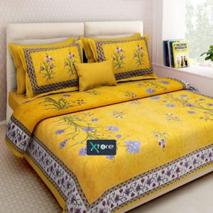 Cotton Traditional Jaipuri Print King Bed Sheet with 2 Pillow Covers (90x 108 inches, Yellow)