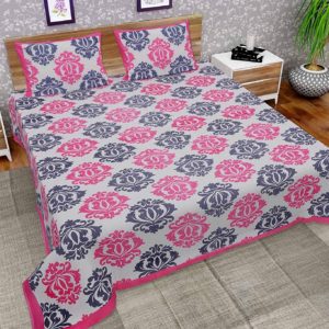 LIFEHAXTORE® Traditional Jaipuri Print King Size Double Bed Sheet with 2 Pillow Covers (100% Cotton), Pink Black