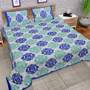 LIFEHAXTORE® Traditional Jaipuri Print King Size Double Bed Sheet with 2 Pillow Covers (100% Cotton), Sea Green Blue
