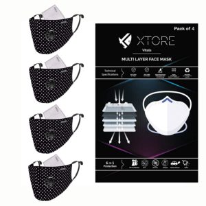 Xtore Viroarmour N-95 FDA CE Certified Antipollution cotton mask | Reusable | Washable | Pack of 4 (Polka dot Black)