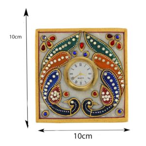 XTORE Beautiful Golden Meenakari Work Marble Table Clock Watch (White) | Home Decor | Anniversary | Corporate Gift | Traditional | Marble Handicraft