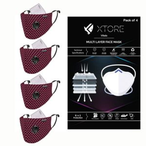 Xtore Viroarmour N-95 FDA CE Certified Antipollution cotton mask | Reusable | Washable | Pack of 4 (Polka dot Maroon)