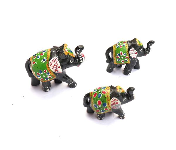 Xtore True Art Indian Traditional Handicraft | Lucky Nose Lifted Elephant | Purely Hand Made | Hand Painted by Proud Indian Artisans (Set of 3, Black)