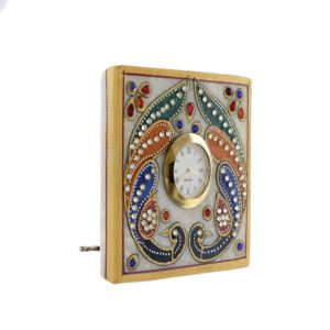 XTORE Beautiful Golden Meenakari Work Marble Table Clock Watch (White) | Home Decor | Anniversary | Corporate Gift | Traditional | Marble Handicraft