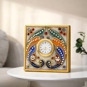 XTORE Beautiful Golden Meenakari Work Marble Table Clock Watch (White) | Home Decor | Anniversary | Corporate Gift | Traditional | Marble Handicraft