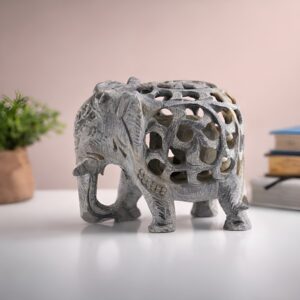 XTORE Antique Decor Lucky Work Marble Single Stone Elephant with Jali Design Carving Having Baby-Elephant Inside