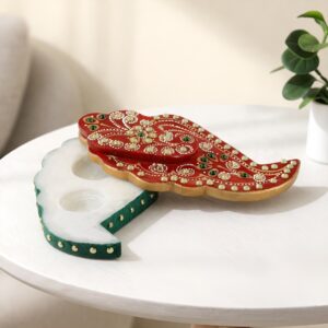 Xtore® Traditional Leaf Styled Rajasthani Chopra | Kumkum/Roli Box | Sindoor Box | Made with Famous Makrana Marble (Pack of 1, Red)