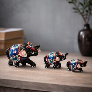Xtore True Art Indian Traditional Handicraft | Lucky Nose Lifted Elephant | Purely Hand Made | Hand Painted by Proud Indian Artisans (Set of 3, Black)