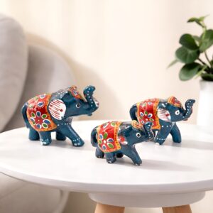 Xtore True Art Indian Traditional Handicraft | Lucky Nose Lifted Elephant | Purely Hand Made | Hand Painted by Proud Indian Artisans (Set of 3, Blue)