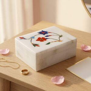 Xtore Floral Inlay Work Marble Jewellery Storage Box | Home Decoration | Gift Item | Birthday | Anniversary | Corporate Gift