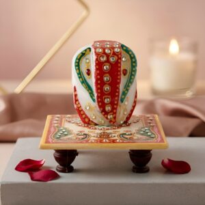 Xtore® Traditional Meenakari Handmade Marble Ganesha with Chowki for Worship / Home Decor | Brings Luck and Prosperity (1 x Ganesha, 1 x Chowki )