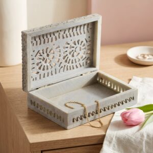 XTORE Floral Carving Jaali Work Marble Jewellery Box | Home Decoration | Gift Item | Birthday | Anniversary | Corporate Gift