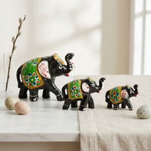 Xtore True Art Indian Traditional Handicraft | Lucky Nose Lifted Elephant | Purely Hand Made | Hand Painted by Proud Indian Artisans (Set of 3, Black)