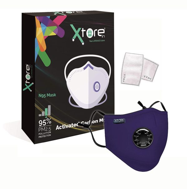 Xtore Color Pro N-95 Anti Pollution Mask | Ultra Comfortable - (1 Mask, 2 Filters, Navy Blue)
