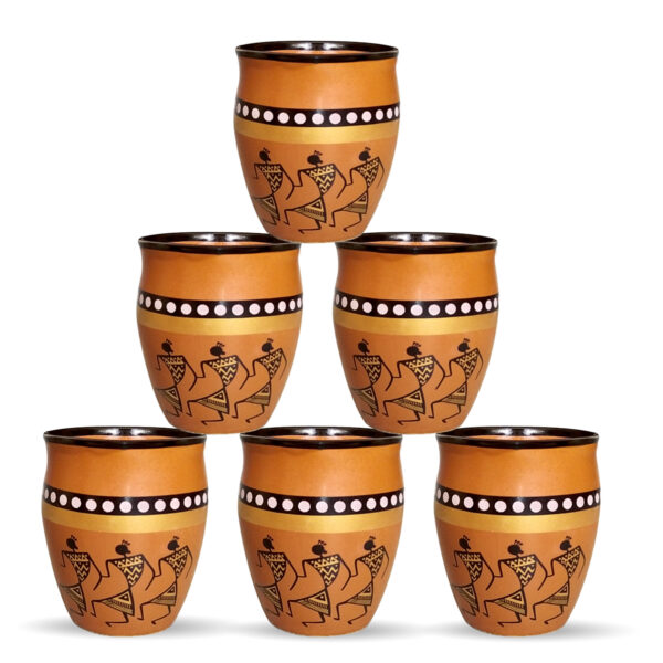 LIFEHAXTORE® Ceramic Kokopelli Art Handcrafted Print Kulhar Tea and Coffee Cup Set- (Pack of 6, Brown)