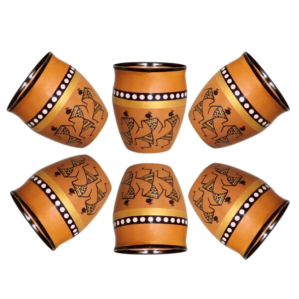 LIFEHAXTORE® Ceramic Kokopelli Art Handcrafted Print Kulhar Tea and Coffee Cup Set- (Pack of 6, Brown) - Image 3