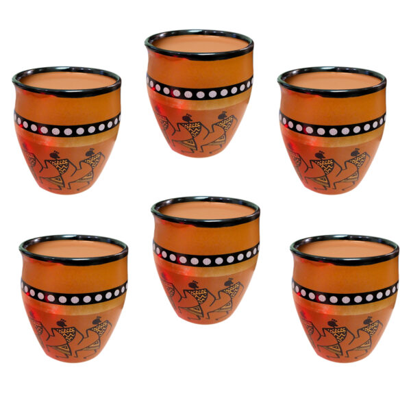 LIFEHAXTORE® Ceramic Kokopelli Art Handcrafted Print Kulhar Tea and Coffee Cup Set- (Pack of 6, Brown) - Image 4