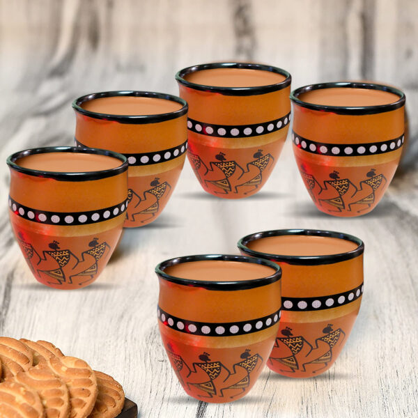 LIFEHAXTORE® Ceramic Kokopelli Art Handcrafted Print Kulhar Tea and Coffee Cup Set- (Pack of 6, Brown) - Image 5