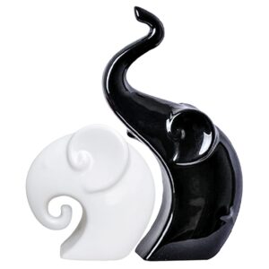 LIFEHAXTORE® Modern Home Decor Lucky Charm Elephant Couple | Piano Finish Ceramic Figures – (Set of 2 Piece, White Black)