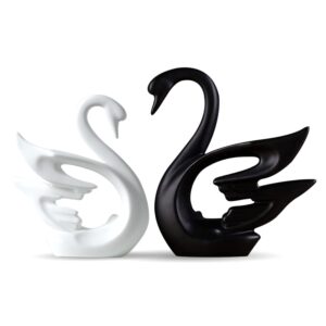 LADROX® Lavish Modern Home Décor Swan Couple | Matte Finish Ceramic Figurines (Set of 2Pc, White and Black)