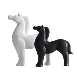 Home Decor White and Black Ceramic Horse Figurines – (Pack of 2, Black & White)