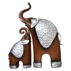 Thai Style Elephant Figurines Mother & Child Elephant Fengshui Resin Sculptures for Home Decor Ornament – Set of 2, Brown
