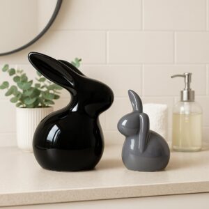 XTORE® Home Décor Ceramic Rabbit Figurines (Set of 2 , Black and Grey)