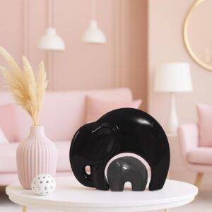 Xtore Home Décor Lucky Charm Elephant Mother and Kid Set | Piano Finish Ceramic Figures – (Set of 2 Piece, Black and Grey)