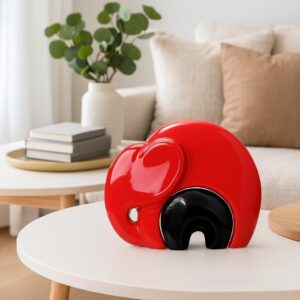 Xtore Home Décor Lucky Charm Elephant Mother and Kid Set | Piano Finish Ceramic Figures – (Set of 2 Piece, Red and Black)