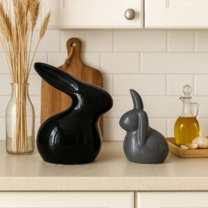 XTORE® Home Décor Ceramic Rabbit Figurines (Set of 2 , Black and Grey)
