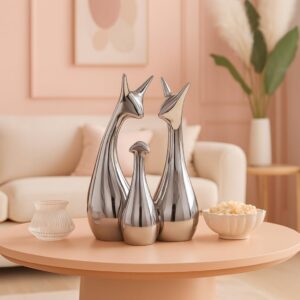 Xtore® Home Decor Lucky Silver Deer Statue Family Piano Finish Ceramic Figures – (Set of 3, Silver Set)