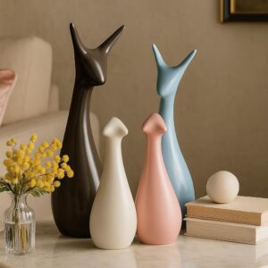 Xtore® Home Décor Lucky Deer Family Matte Finish Ceramic Figures- (Set of 4, Sky, Brown, Pink, Off-White )