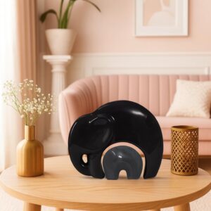 Xtore Home Décor Lucky Charm Elephant Mother and Kid Set | Piano Finish Ceramic Figures – (Set of 2 Piece, Black and Grey)